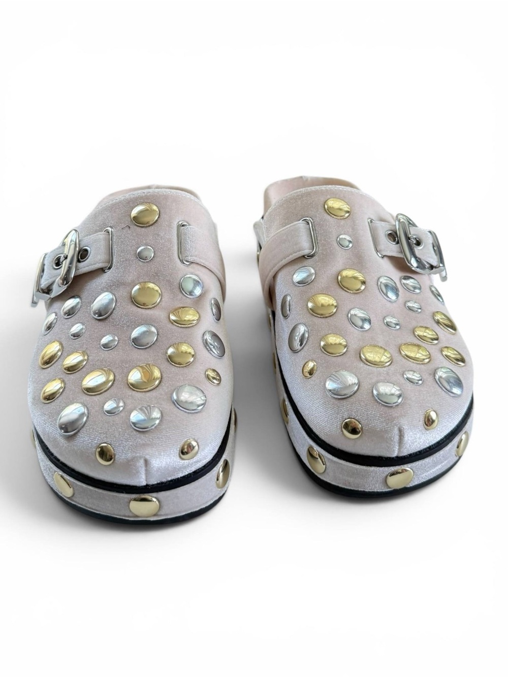 Gianni Bini Women Cream Studded Clog Mule Gold Silver Stud Buckle Size 6 NWT - Picture 4 of 8